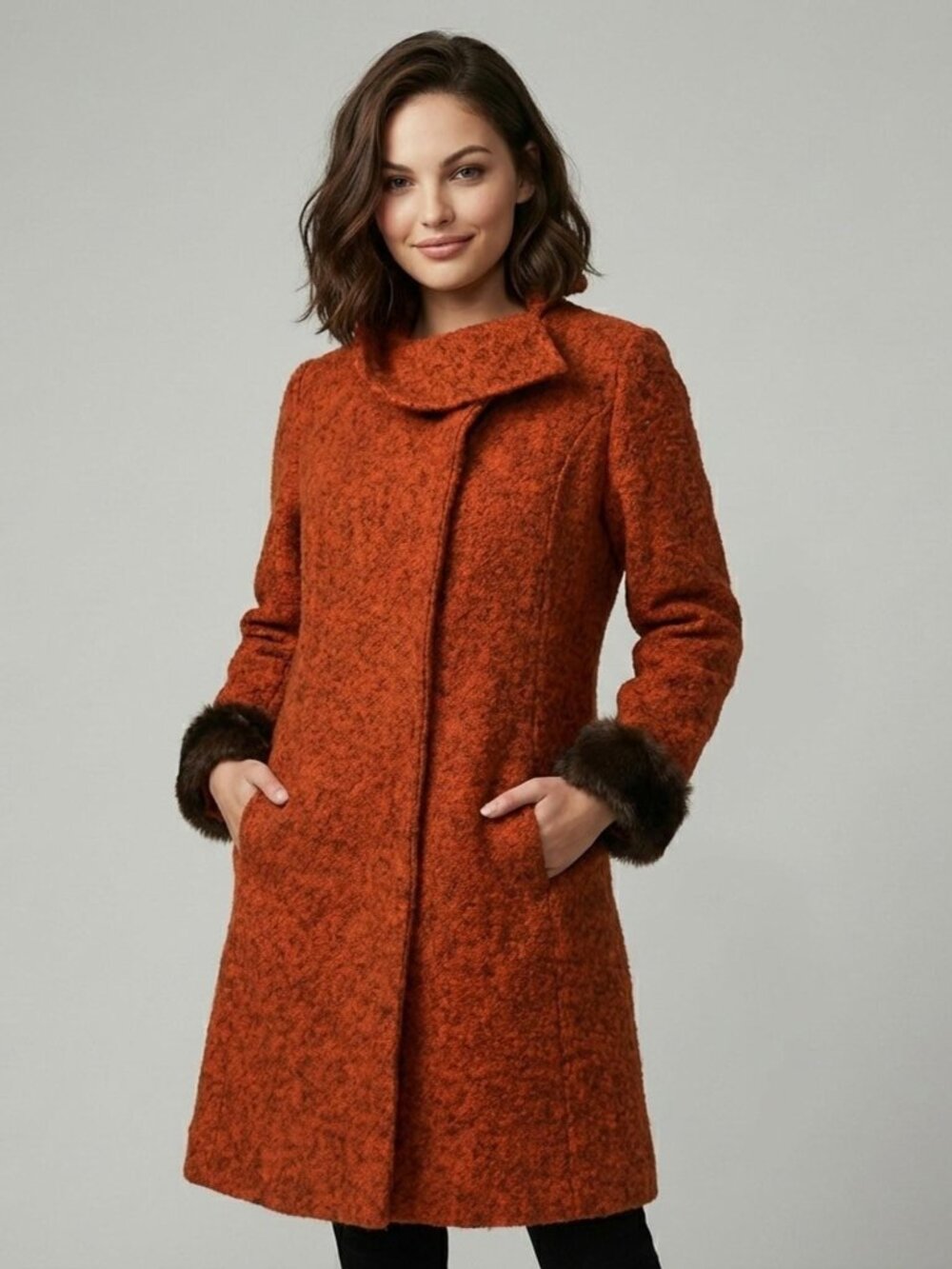 Vintage 1960s Orange Speckled Wool Tweed FUR Cuff Coat Size S